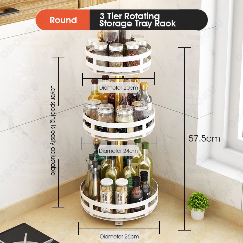 ODOROKU 1/2/3 Tier Rotating Spice Rack Height Adjustable Spice Shelf 360 Degree Round Rotatable Seasoning Organizer for Kitchen Bathroom Black White - ODOROKU