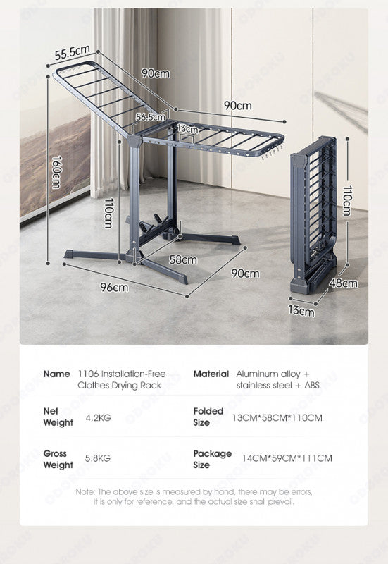 ODOROKU Mega Size Premium Aluminum Foldable Laundry Rack Grey with Windproof Hooks Laundry Drying Rack Collapsible Height Adjustable Wings Clothing Rack Foldable for Indoor Outdoor - ODOROKU