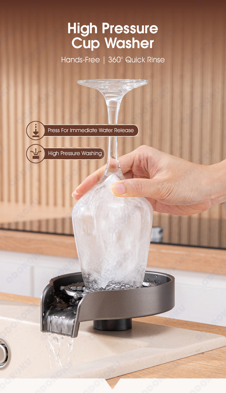 ODOROKU Kitchen Sink Faucet Glass Rinser With 9 High Pressure Nozzles Cup Automatic Washer Press Down Stainless Steel Cleaning Cup Rinser Bar Glass Washer Bottle Home Kitchen Countertop Bar KTV Coffee Shops Café For Wine Glass Mugs Baby Bottle - ODOROKU