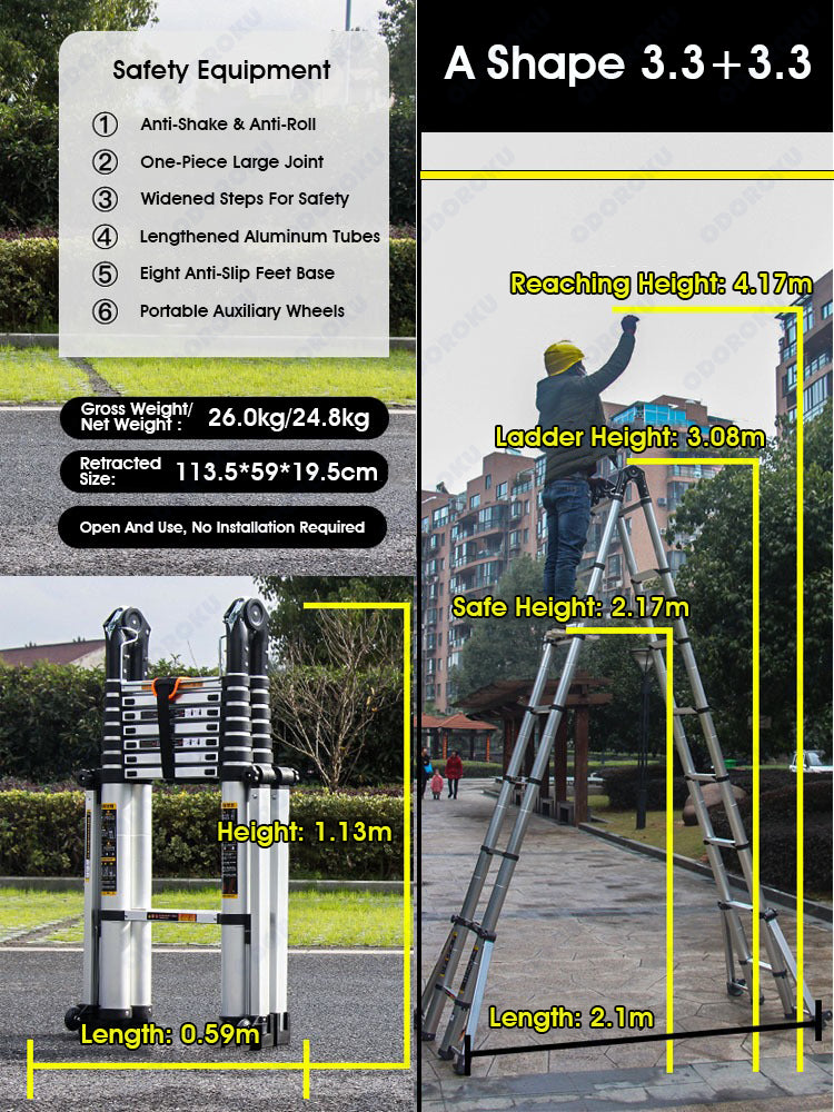 ODOROKU 8 Legs Aluminum Telescopic Ladder Extension Foldable Ladder A Shape or Straight Ladder Multi-Purpose Ladder with Wheels and Base Support, 2000kg Capacity - ODOROKU