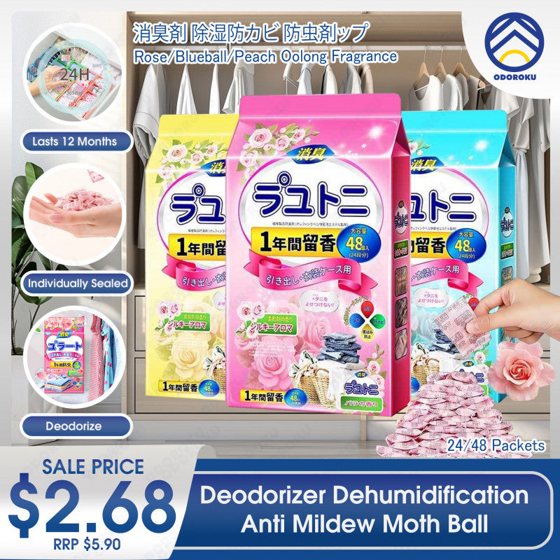 ODOROKU 24/48pcs Anti Mildew Moth Ball Deodorizer Dehumidification Closet Mothball Fragrant Camphor Balls Individually Packed Moisture-Proof Aromatherapy Fragrance Blueball Rose White Peack Oolong - ODOROKU