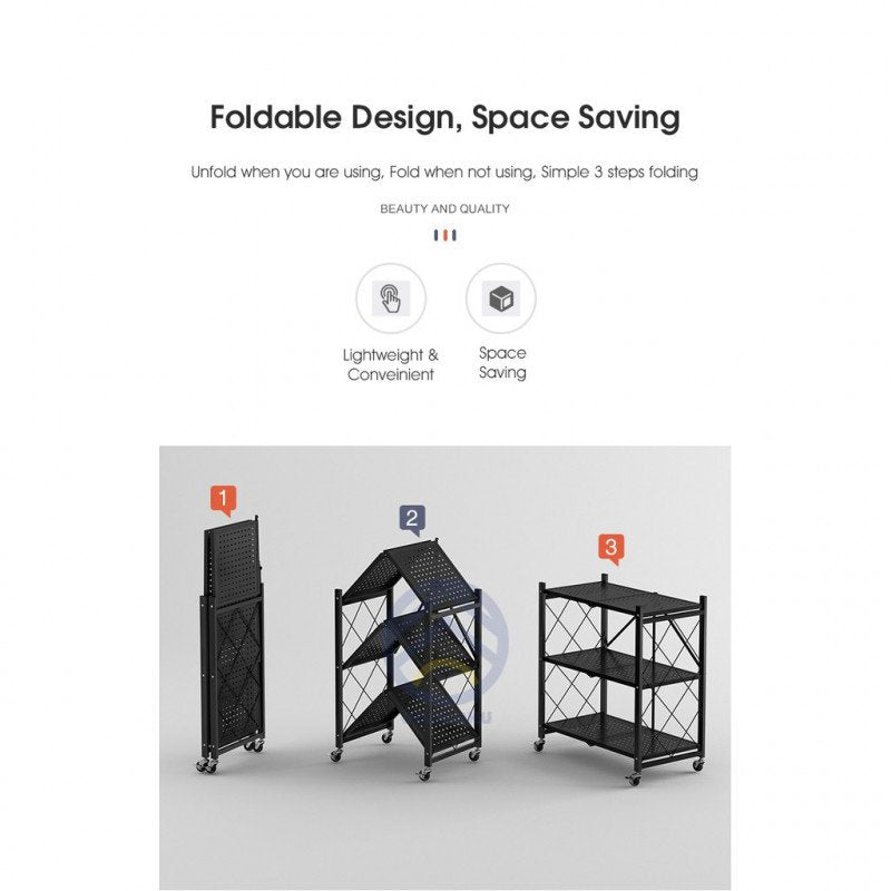 ODOROKU 3/4/5 Foldable Storage Rack with Wheels Metal Durable Multifunctional Foldable Rack Shelf Collapsible Foldable - ODOROKU