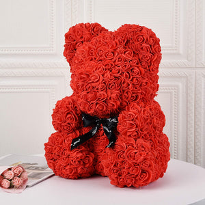 ODOROKU 25/40cm Rose Bear Rose Teddy Bear with Tie Teddy Flower Bear Over 250 Dozen Artificial Flowers Valentines Day Anniversary & Bridal Showers Clear Gift Box - ODOROKU