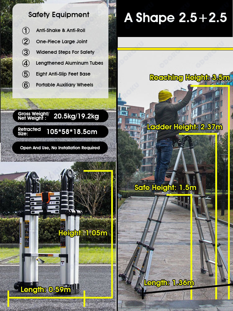 ODOROKU 8 Legs Aluminum Telescopic Ladder Extension Foldable Ladder A Shape or Straight Ladder Multi-Purpose Ladder with Wheels and Base Support, 2000kg Capacity - ODOROKU