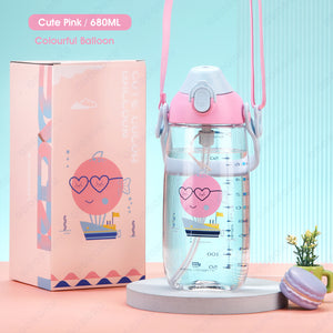 ODOROKU Kids & Baby Water Bottle Tritan Material with Sippy Straw and Removable Strap BPA Free Portable Water Bottle Large Handle and Water Level Scale Leakproof Lock 500/680/730/1500ml - ODOROKU