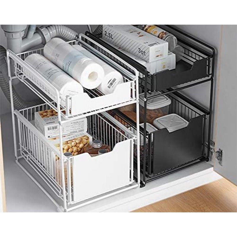 ODOROKU Under Sink Rack 2-Tier Kitchen Cabinet Organizer Rack with Sliding Storage Drawer Stackable Black/ White - ODOROKU