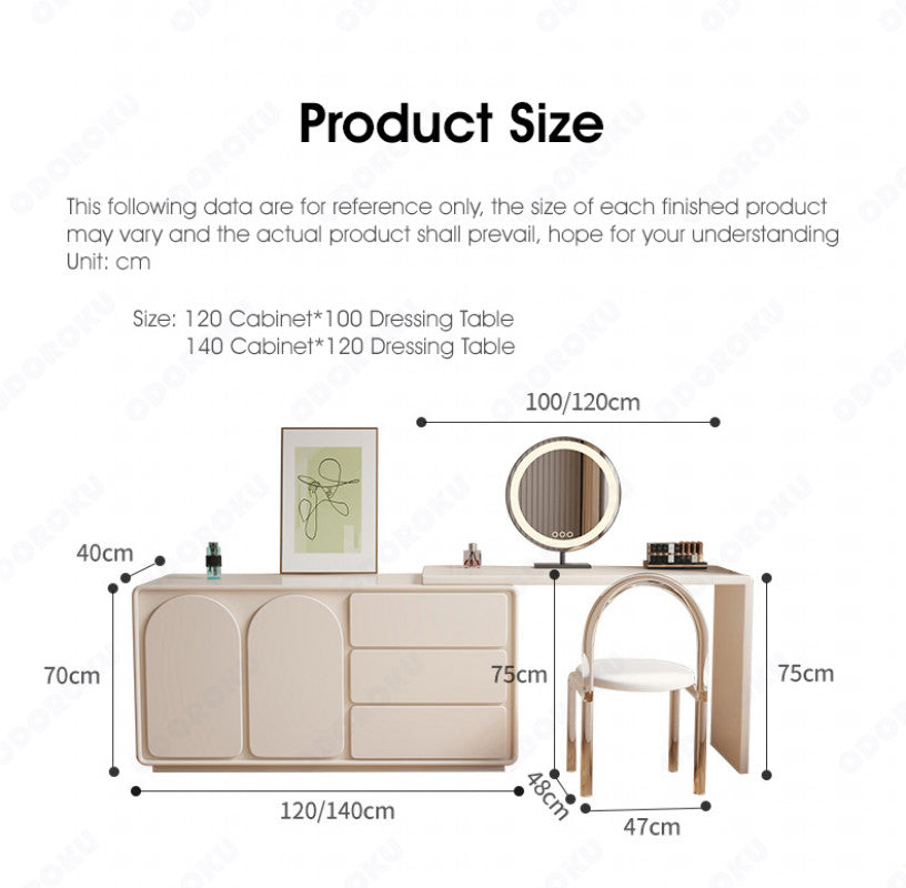 ODOROKU Extendable Dressing Table Drawer Cabinet with Mirror Set Versatile Durable MDF Construction White - ODOROKU