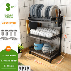 ODOROKU 2/3 Tier Adjustable Wall Mounted / Free Standing Dish Rack Dish Drying Rack Stainless Steel Dish Drainer with Drainboard Utensil Holder for Plates Bowls Cups for Kitchen Countertop Organizer - ODOROKU