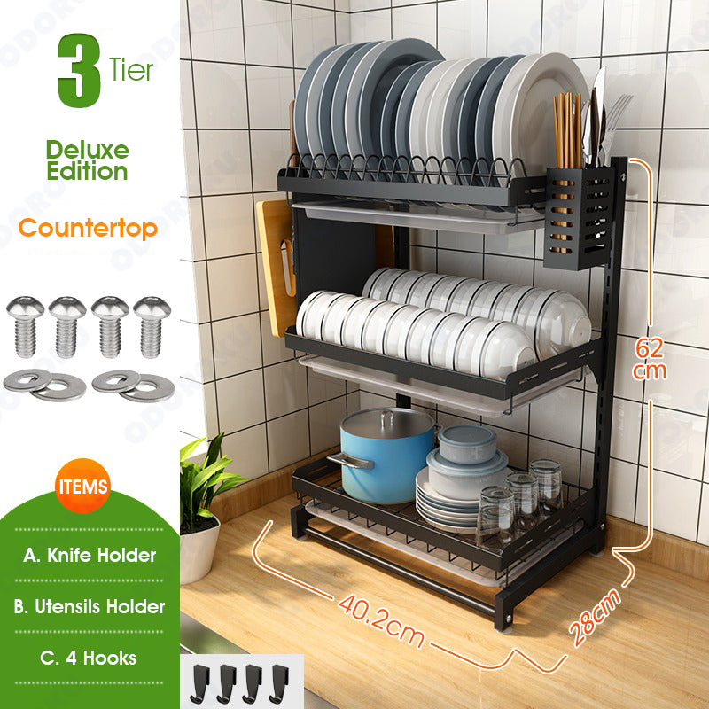 ODOROKU 2/3 Tier Adjustable Wall Mounted / Free Standing Dish Rack Dish Drying Rack Stainless Steel Dish Drainer with Drainboard Utensil Holder for Plates Bowls Cups for Kitchen Countertop Organizer - ODOROKU