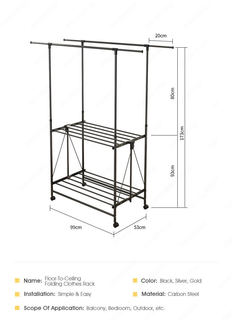 ODOROKU 2 Tier Premium Aluminum Foldable Clothes Rack with Wheels Laundry Rack Clothes Garment Rack Heavy Duty Foldable Space Saving Laundry Drying Rack (Indoor/Outdoor) - ODOROKU