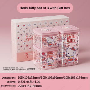 ODOROKU x Ankou Pop-Up Airtight Food Storage Container Combo of 3 Sanrio Collection with Gift Box Stackable Storage Containers for Pantry Organization Kuromi Hello Kitty Cinnamoroll Design 320ml 500ml 1200ml - ODOROKU