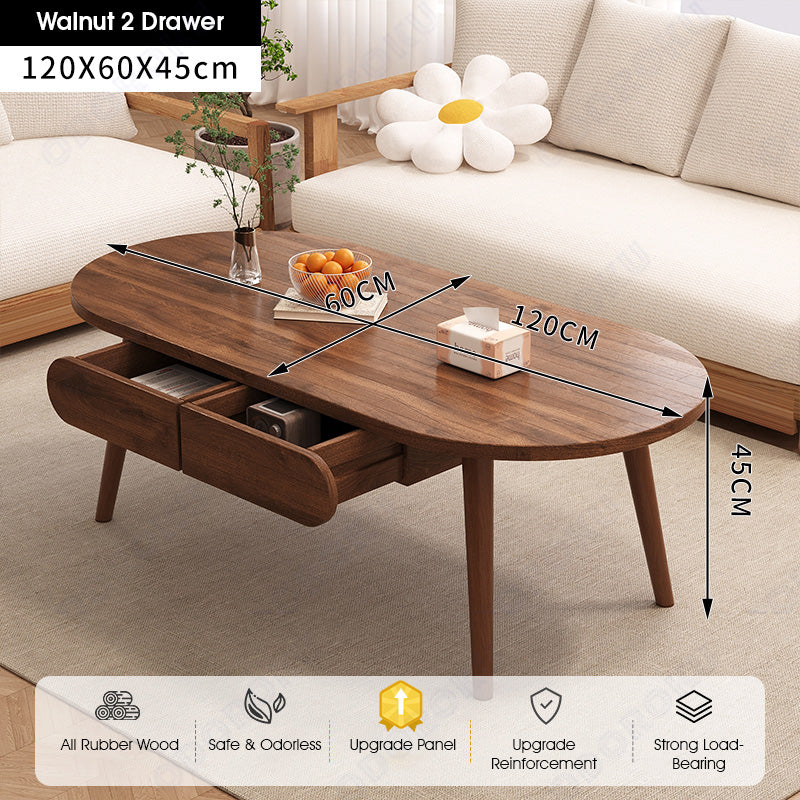 ODOROKU 80/100/120cm Wood Modern Oval Coffee Table with Drawer 1.5cm Thickness Solid Rubber Wooden Coffee Table Scandinavian Nordic Design Round Wooden Center Table Side End Table for Living Room Sturdy Tea Table - ODOROKU