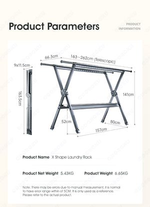 ODOROKU X Shape 2.6m Premium Aluminum Foldable Laundry Rack with Wheels Telescopic Rack Extendable Foldable Clothes Rack Heavy Duty Suitable for Indoor Outdoor Black - ODOROKU