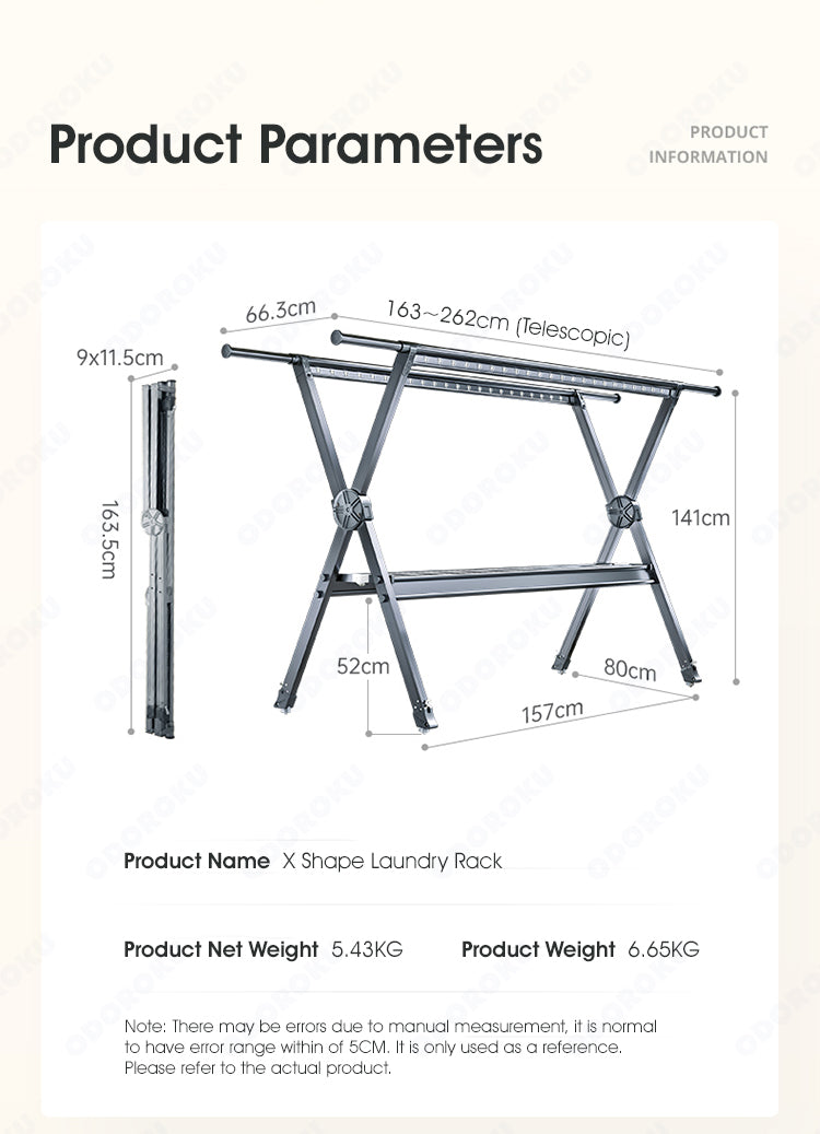 ODOROKU X Shape 2.6m Premium Aluminum Foldable Laundry Rack with Wheels Telescopic Rack Extendable Foldable Clothes Rack Heavy Duty Suitable for Indoor Outdoor Black - ODOROKU