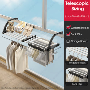 ODOROKU 42-110cm Telescopic Clothes Drying Rack Balcony Stainless Steel Extendable Folding Towel Laundry Hanger Hanging Dry Drying Window Rack with Clips and Hooks - ODOROKU