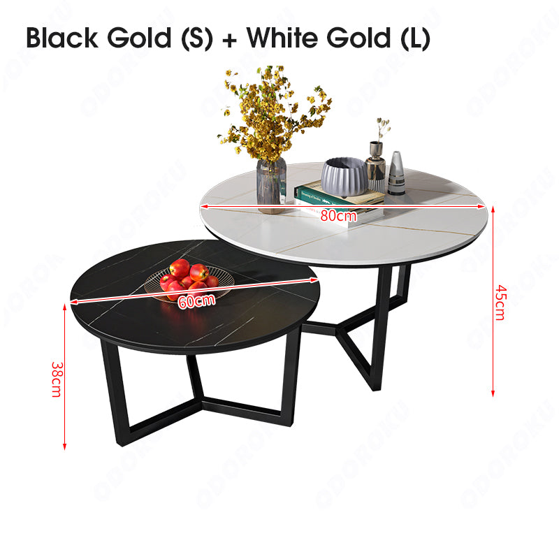 ODOROKU Round Coffee Table Set of 2 Marble Pattern Wooden Table Black Marble White Marble Nordic Style Double Round Wood Nesting Coffee Table Living Room - ODOROKU