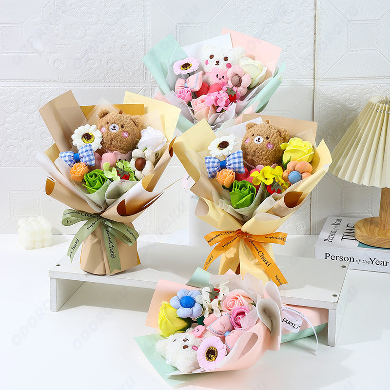 ODOROKU Handmade Plush Bear Bouquet with Artificial Flowers Soap Rose Bouquet Gift with Teddy Bear and Ribbon Birthday Bridal Shower Graduation Mother's Day Gift - ODOROKU