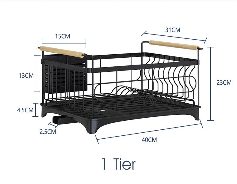 ODOROKU 1/2 Tier Dish Rack 201 Stainless Steel with Drainer and Wooden Handle with Utensil Holder and Cutting Board Holder Dish Drainer with Removable Drain Board for Kitchen Counter Organizer Storage Water Tray (Black/White) - ODOROKU