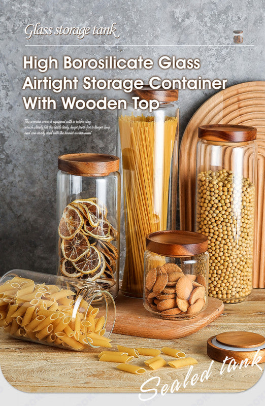 ODOROKU Glass Storage Jar Food Storage Container with Wooden Airtight Lids Acacia Wood Lid Cover Stackable Kitchen Canister Jars Container Air Tight Food Container For Serving Coffee, Tea, Spices, Sugar, Flour etc - ODOROKU