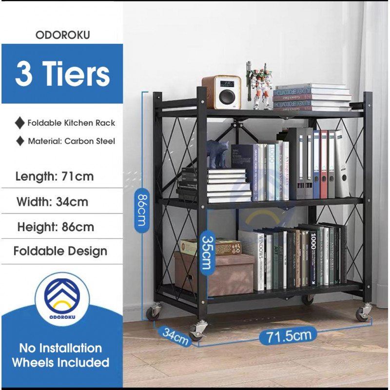 ODOROKU 3/4/5 Foldable Storage Rack with Wheels Metal Durable Multifunctional Foldable Rack Shelf Collapsible Foldable - ODOROKU