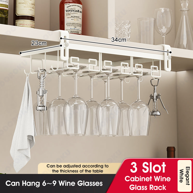 ODOROKU 2/3/4 Slots Adjustable Wine Glass Holder Under Shelf Nail Free Metal Stemware Holder Storage Hanger Hanging Wine Glasses Rack Organizer Under Cabinet Mount for Bar Kitchen Gold White - ODOROKU