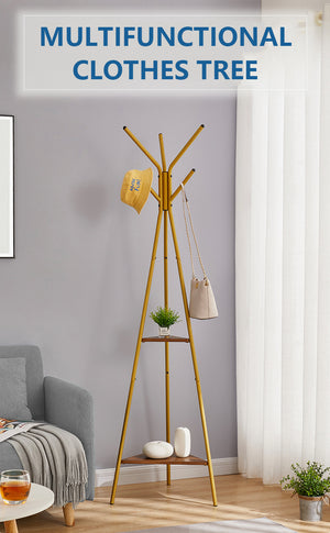 ODOROKU Metal Tree Coat Rack Stand with Wooden Board 6 Hooks Free Standing Coat Rack Bag Rack Hat Rack Hallway Entryway Coat Hanger Stand for Clothes Suits Accessories - ODOROKU