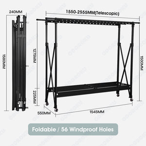 ODOROKU Black Aluminum Foldable Laundry Rack with Wheels Telescopic Rack Extendable Foldable Clothes Heavy Duty - ODOROKU