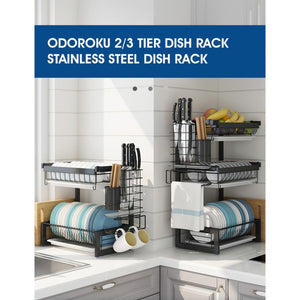 ODOROKU 2/3 Tier Dish Rack 201 Stainless Steel with Utensil Knife Holder and Cutting Board Holder with Drain Board - ODOROKU