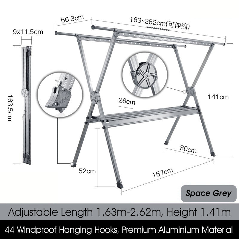 ODOROKU X Shape 2.6m Premium Aluminum Foldable Laundry Rack with Wheels Telescopic Rack Extendable Foldable Clothes Rack Heavy Duty Suitable for Indoor Outdoor Black - ODOROKU