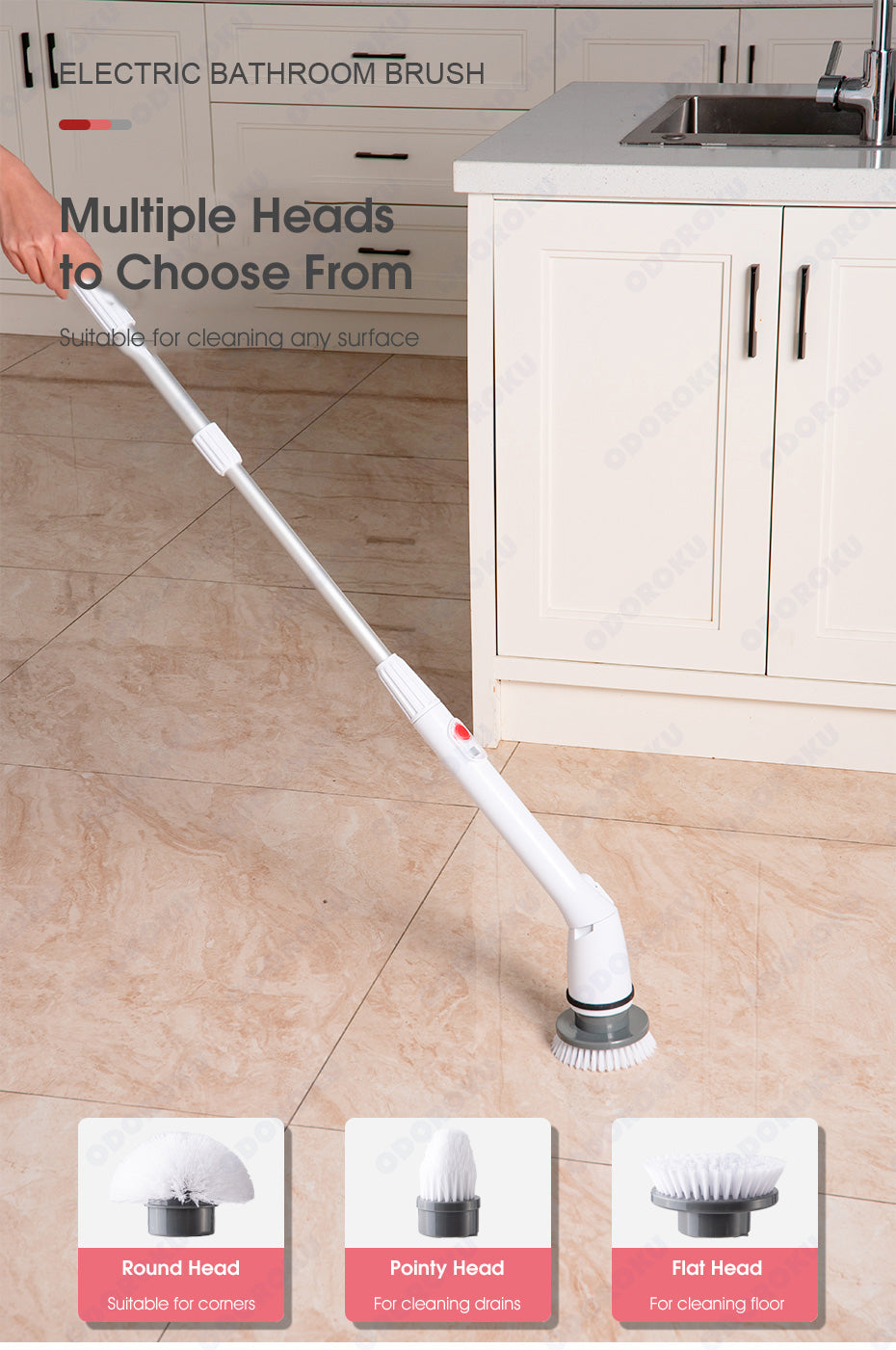 ODOROKU 82-105cm Cordless Electric Cleaning Brush Spin Scrubber with 3 Replaceable Brush Heads and Adjustable Extension Handle Power Cleaning Brush for Bathroom Floor Tile - ODOROKU