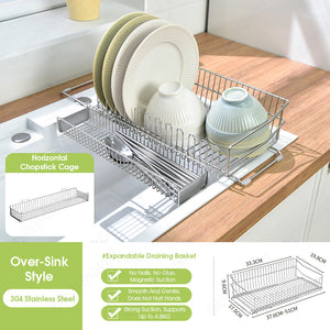 ODOROKU 304 Stainless Steel Extendable Over the Sink Dish Rack With Chopstick Tray Drying Organizer Dish Drying Rack Draining Basket Adjustable Expandable Large Capacity Storage For Fruits Vegetables Bowls Plates Utensils Cutlery Kitchen Storage - ODOROKU