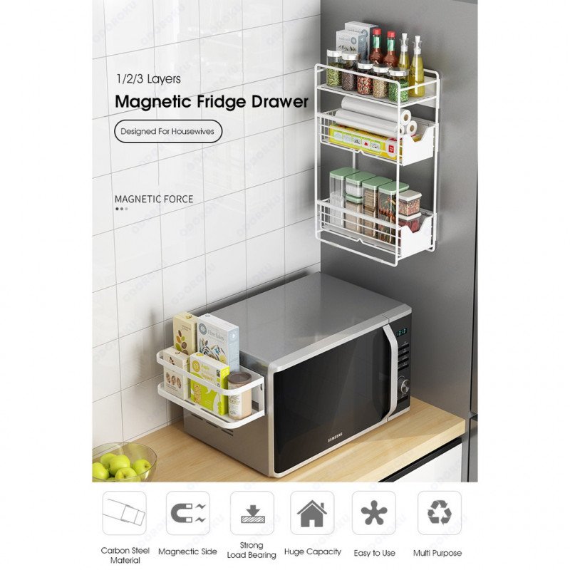 ODOROKU 1/2/3 Magnetic Refrigerator Rack With Drawer Organizer for Refrigerator Magnetic Shelf Towel Roll Holders - ODOROKU