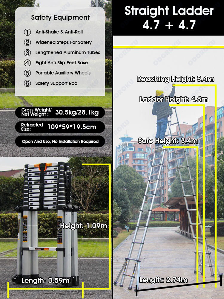 ODOROKU 8 Legs Aluminum Telescopic Ladder Extension Foldable Ladder A Shape or Straight Ladder Multi-Purpose Ladder with Wheels and Base Support, 2000kg Capacity - ODOROKU