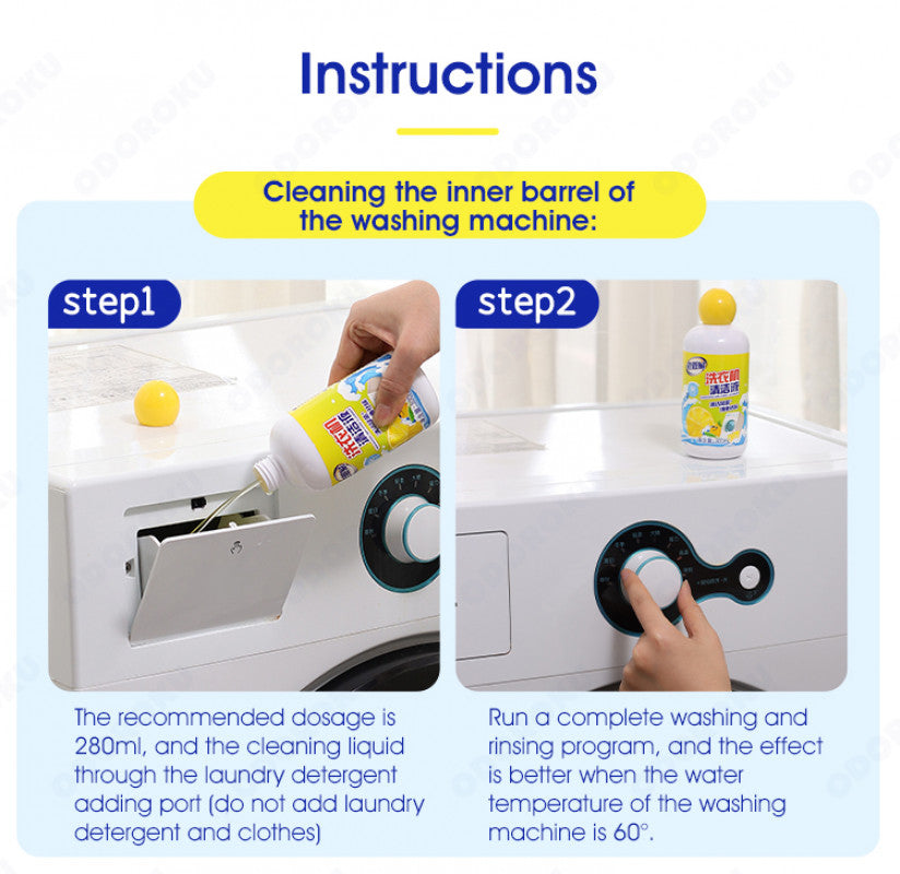 ODOROKU 5 In 1 Lemon Scent Washing Machine Cleaner 300ml Washing machine Sterilizing Liquid Washing Machine Cleaner 99% Disinfecting Deodorize Mite Removal - ODOROKU