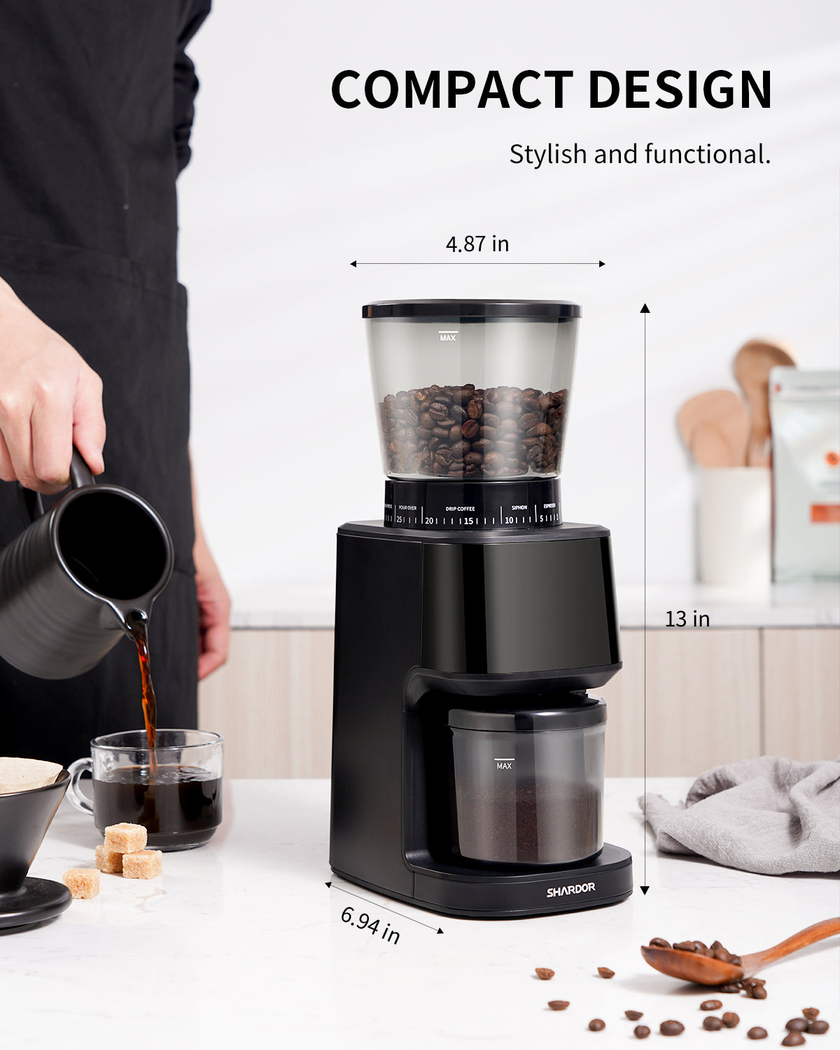 ODOROKU Conical Burr Coffee Grinder with Digital Timer Display, Electric Coffee Bean Grinder with 31 Precise Settings for Espresso/Drip/Pour Over/Cold Brew/French Press, Matte Black - ODOROKU