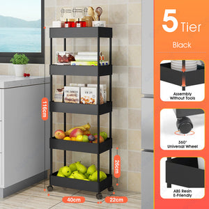 ODOROKU 3/4/5 Tiers Slim Storage Cart Kitchen Bathroom Rolling Utility Cart Storage Organizer Cart Mobile Shelving Unit Organizer Kitchen Trolley Black White - ODOROKU