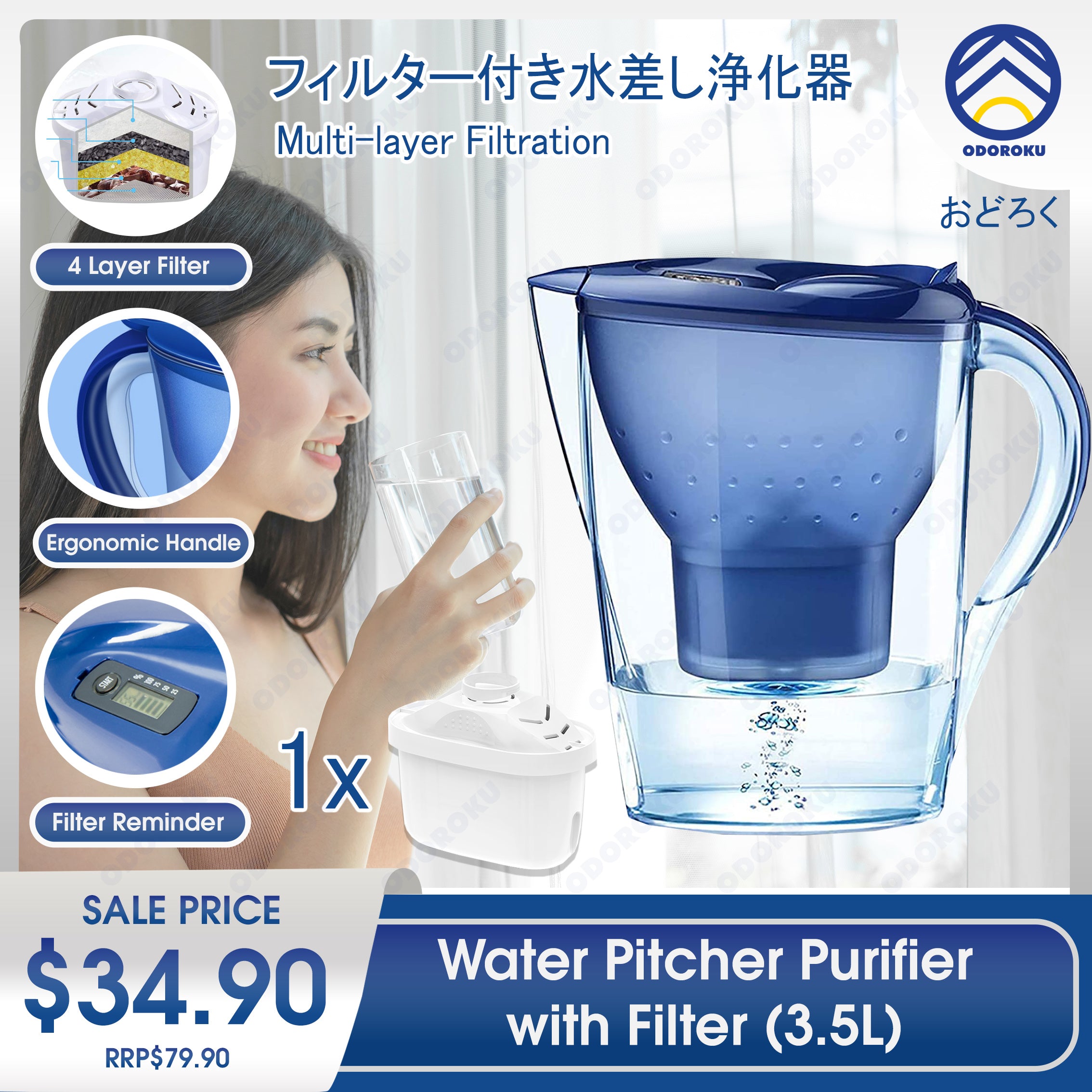 ODOROKU 3.5L Water Filter Pitcher, Alkaline Water Purifier Jug Filter Change Indicator Purify and Increase PH Levels for Drinking Water 4-Stage Filtration System Reduces Limescale, Chlorine, Lead and Micro (1 Filter Included) - ODOROKU