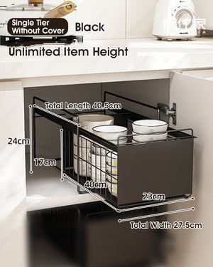 ODOROKU Stackable 2-Tier Under Sink Cabinets Organizer with Sliding Storage Drawer, Pull Out Cabinets Organizer Shelf, Sliding Kitchen Countertop Storage Basket Black White - ODOROKU