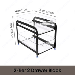 ODOROKU 2/3 Tiers Undersink Pull Out Shelf Cabinet Storage Rack Kitchen Storage Pull Out Rack Cabinet Basket Organizer / Under Sink Storage Rack with Sliding Drawer Countertop Storage Basket Black White - ODOROKU