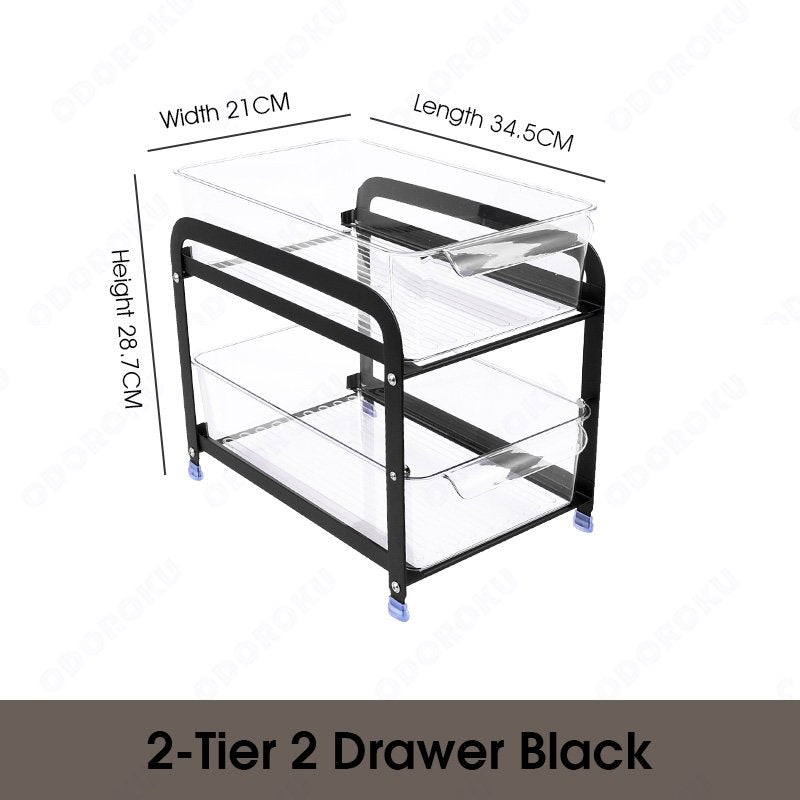 ODOROKU 2/3 Tiers Undersink Pull Out Shelf Cabinet Storage Rack Kitchen Storage Pull Out Rack Cabinet Basket Organizer / Under Sink Storage Rack with Sliding Drawer Countertop Storage Basket Black White - ODOROKU