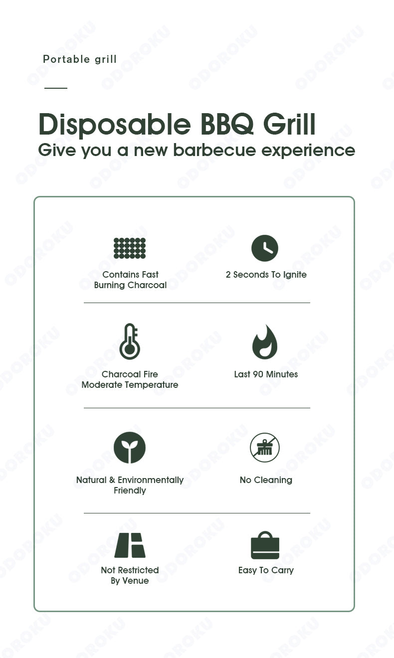 ODOROKU Single Use Biodegradable Mini Grill Portable & Disposable Grill Instant Fire Great for Outdoor Charcoal BBQ & Camping All Natural Material, Easy Set Up No Lighter Fluid Needed - ODOROKU