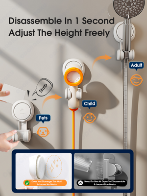 ODOROKU x Taili Shower Head Holder One Push Suction Cup No Drilling Waterproof Shower Head Bracket Height Angle Adjustable Shower Head Hanger for Bathroom Wall Mounted Towel Wand for Showerhead Holder Removable White - ODOROKU