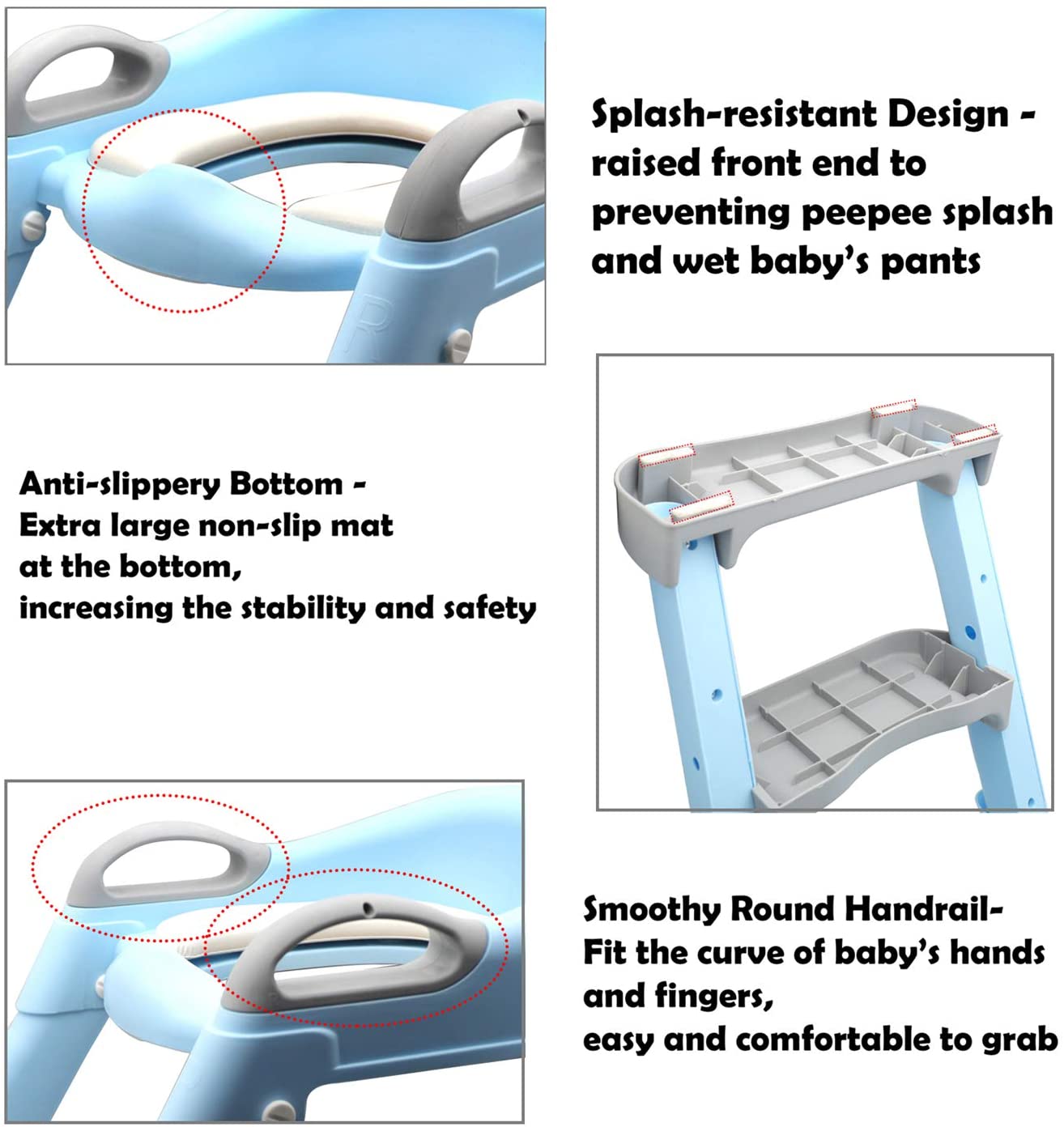 ODOROKU Baby Potty Training Toilet Seat for Boys and Girls Anti-Slip Kids Potty Training Toilet Soft Travel Potty Seat with Step Ladder Adjustable Angle and Adjustable Steps Safe for Kids Safe For Kids and Baby Pink Blue Grey Green - ODOROKU