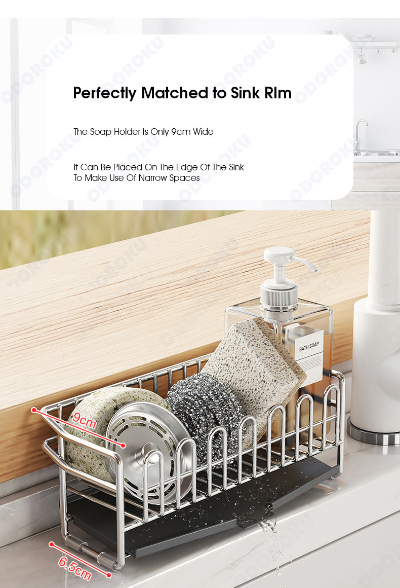 ODOROKU 304 Stainless Steel Sponge & Soap Holder with Drain Tray Rustproof Kitchen Slim Sink Caddy Kitchen Sink Organizer with Auto Draining Tray Sink Sponge Holder Self Drain Kitchen Sponge Holder Silver - ODOROKU