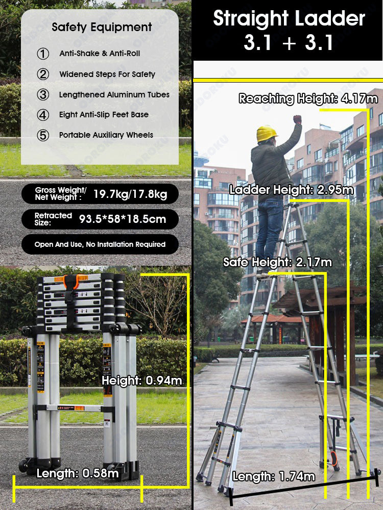 ODOROKU 8 Legs Aluminum Telescopic Ladder Extension Foldable Ladder A Shape or Straight Ladder Multi-Purpose Ladder with Wheels and Base Support, 2000kg Capacity - ODOROKU