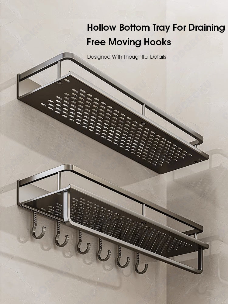 ODOROKU Self-Adhesive Aluminum Wall Mounted Organizer Rack Hanging With Free Moving Hooks Multi-Purpose Storage Nail-Free Installation Large Capacity Organiser Anti-Corrosion & Rust Waterproof For Bathroom Kitchen Balcony Toilet Towel Shampoo Toiletries - ODOROKU