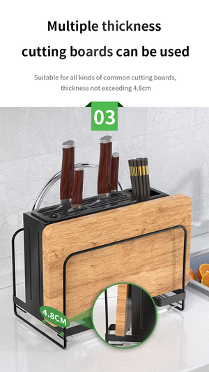 ODOROKU 3 In 1 Kitchen Knife Holder Standing or Wall Mounted 3 in 1 Knife/Cutting Board/Pots Pan Lids Rack Organizer Cutting Board Holder Knife Block without Knives Black / White - ODOROKU