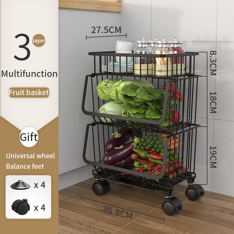 ODOROKU 2/3/4/5 Tiers Kitchen Basket Rack with Wheels & Water Tray Multipurpose Rack Storage Shelf Trolley Cart Shelf Rack Organizer Storage Movable Vegetable And Fruit Basket Space Saving Organizer with Locking Wheels Black - ODOROKU