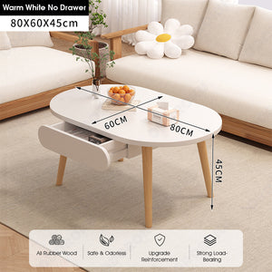 ODOROKU 80/100/120cm Wood Modern Oval Coffee Table with Drawer 1.5cm Thickness Solid Rubber Wooden Coffee Table Scandinavian Nordic Design Round Wooden Center Table Side End Table for Living Room Sturdy Tea Table - ODOROKU