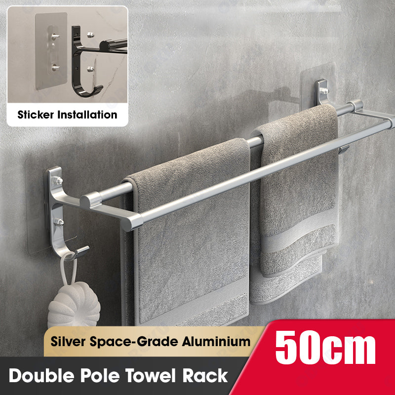 ODOROKU Aluminium Wall Mounted Bathroom Towel Storage Rack with Hook Double Tier Towel Hanger Toilet Bathroom Towel Rack Wall Hanging Black Towel Rack Bathroom Storage Space Saver Nail Free Installation Silver Black - ODOROKU